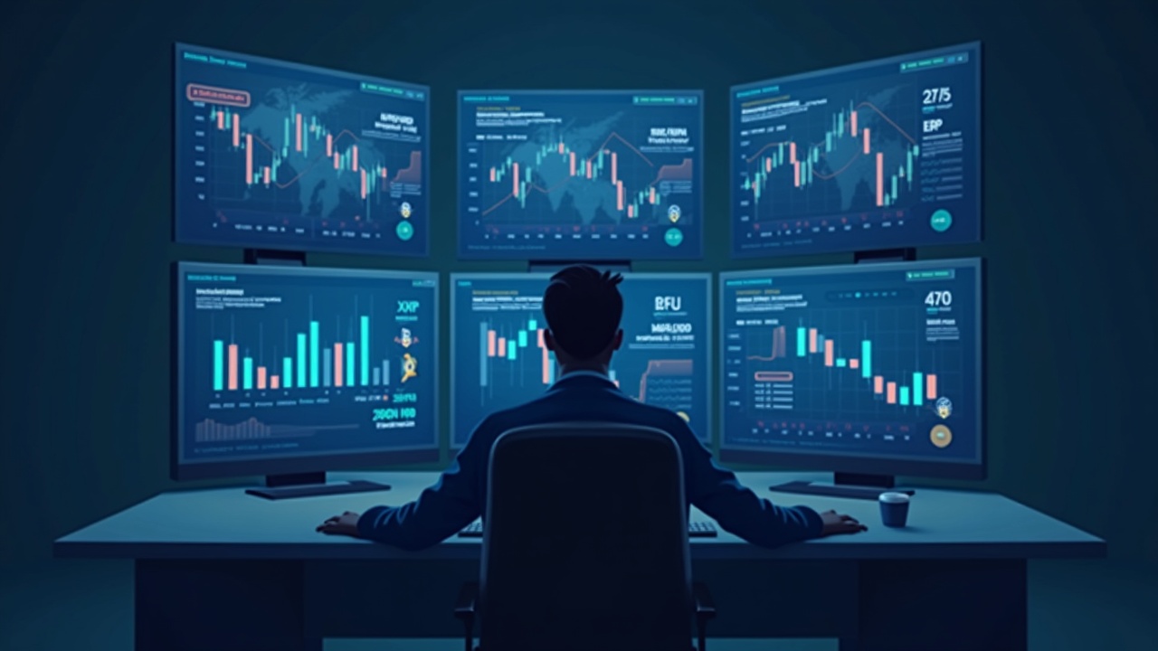 Editorial photo of a financial analyst at a clean desk with multiple screens showing XRP ETF flows and BTC/ETH outflows.