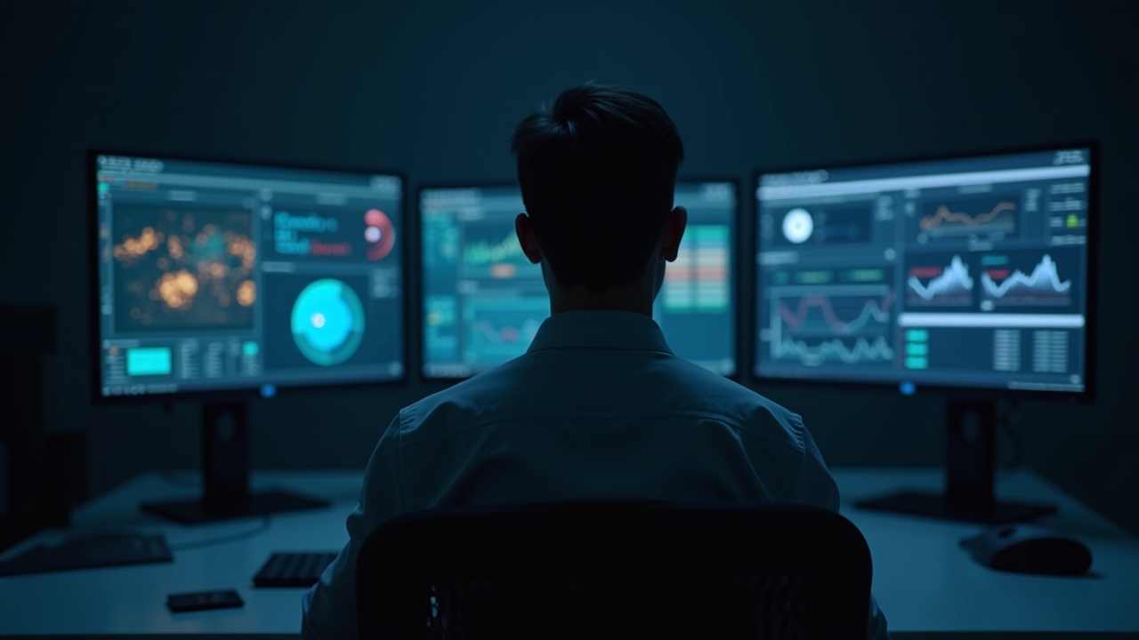 Analyst at a desk with two monitors—AI compute visuals on one side, crypto mining icons on the other, newsroom lighting.