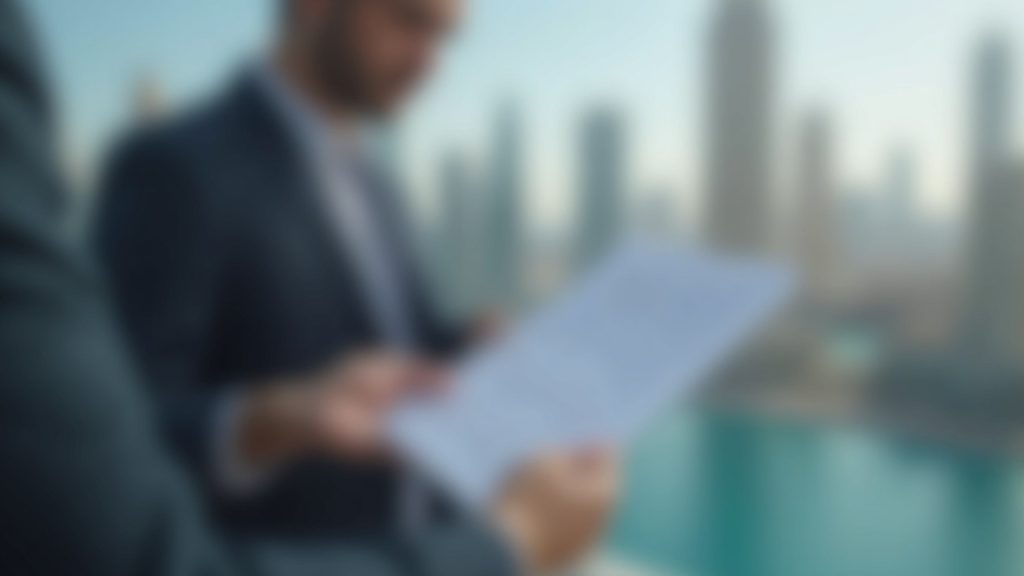 Professional reviews a document labeled VARA and Animoca, with Dubai skyline in the background