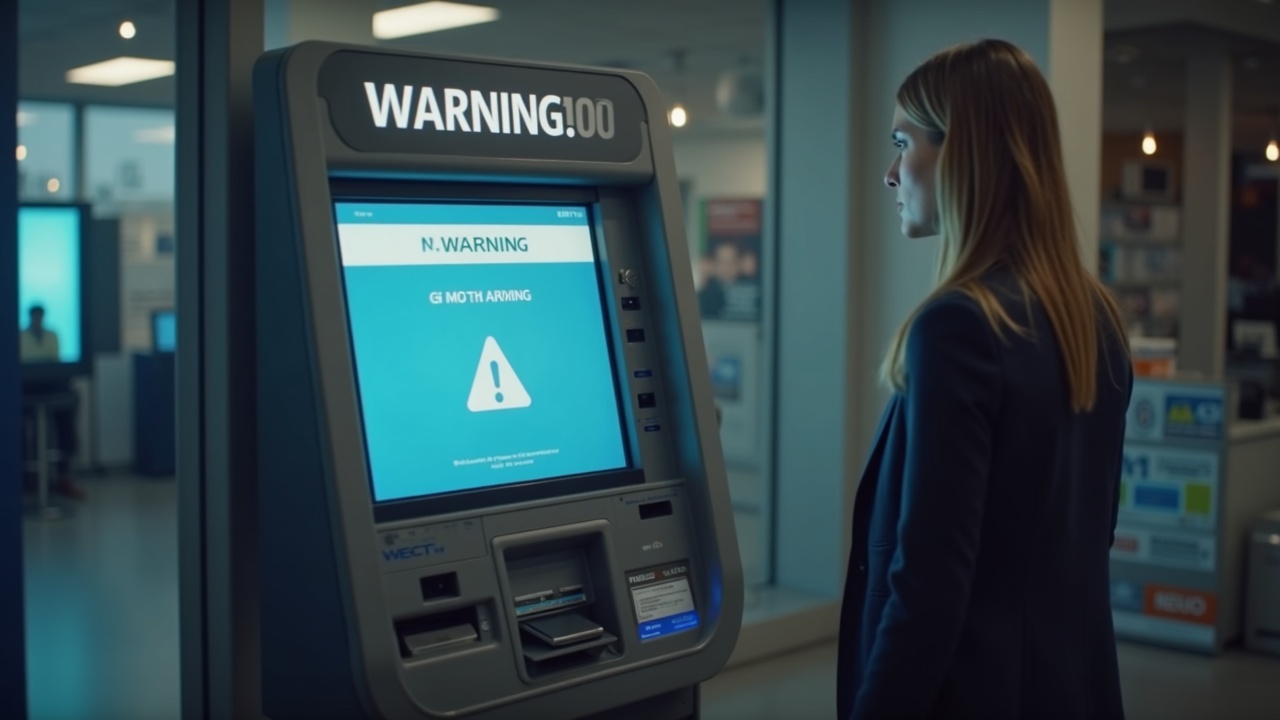 Newsroom-style image of a crypto ATM with on-screen warning and a concerned adult nearby in Arizona.