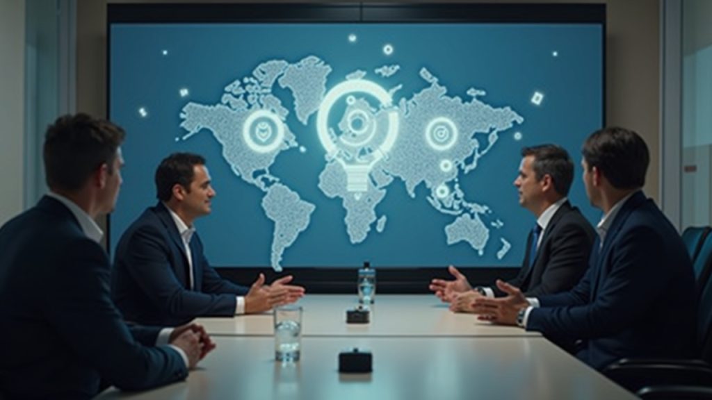 Boardroom scene with Bed Bath & Beyond and Tokens.com executives examining a tokenized real estate platform showing tokens