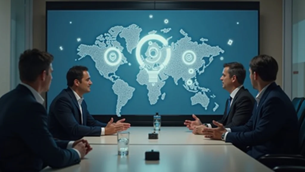 Boardroom scene with Bed Bath & Beyond and Tokens.com executives examining a tokenized real estate platform showing tokens