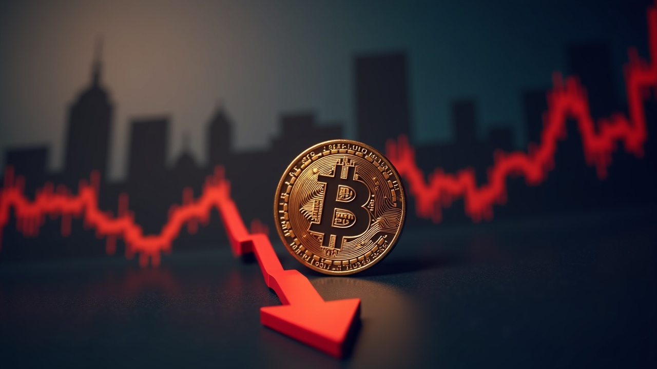 Bitcoin coin in foreground with a red downward arrow and faint stock silhouettes, illustrating crypto decoupling from equities