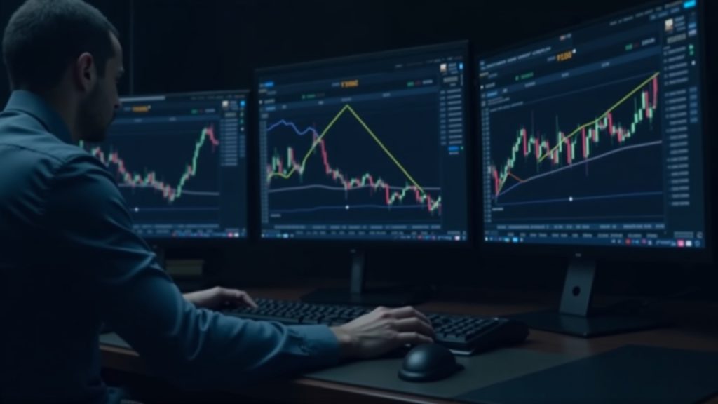 Newsroom desk with multiple monitors displaying bitcoin futures charts and a downward open interest arrow.