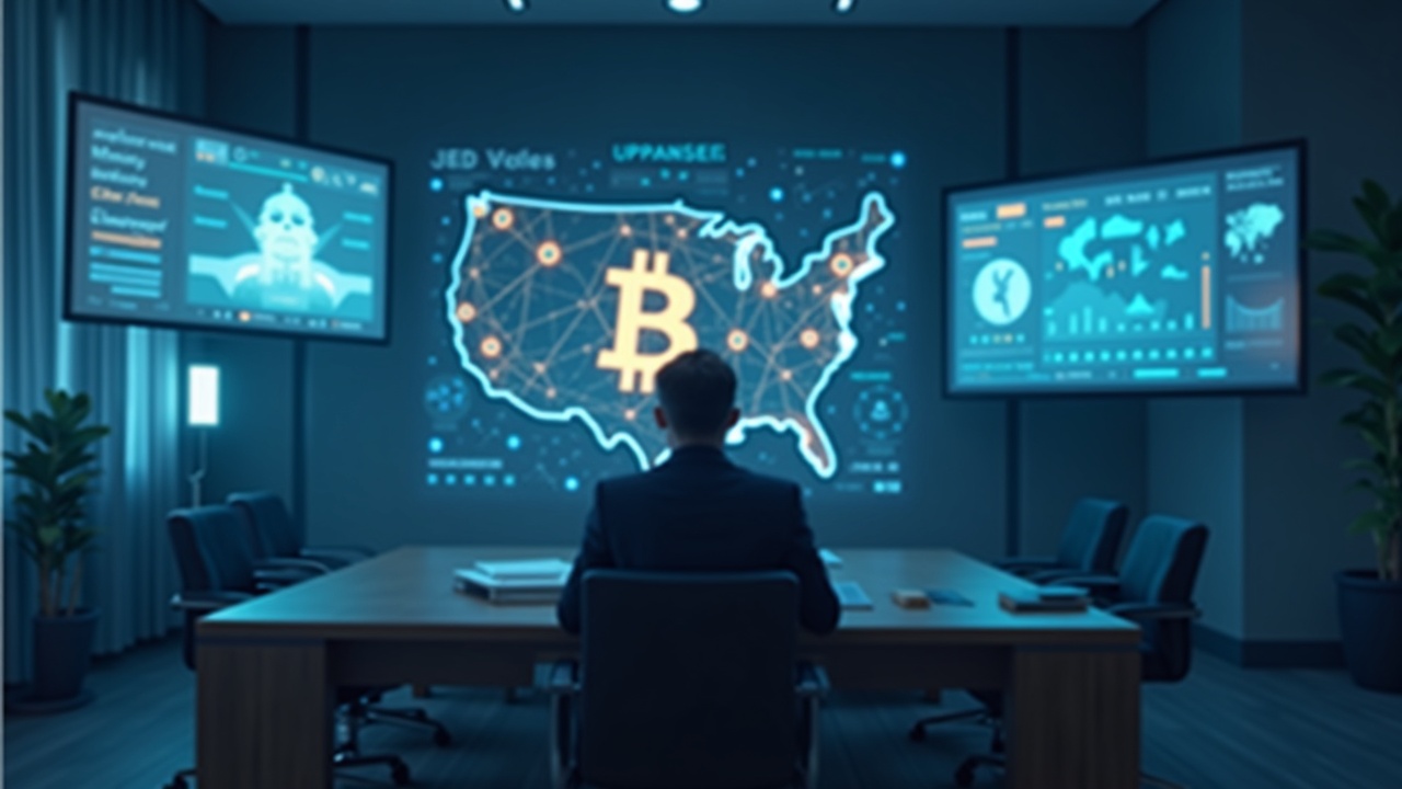 Editorial boardroom shot: executive with AI icons on screens and a crossed Bitcoin logo over a USA map outline.