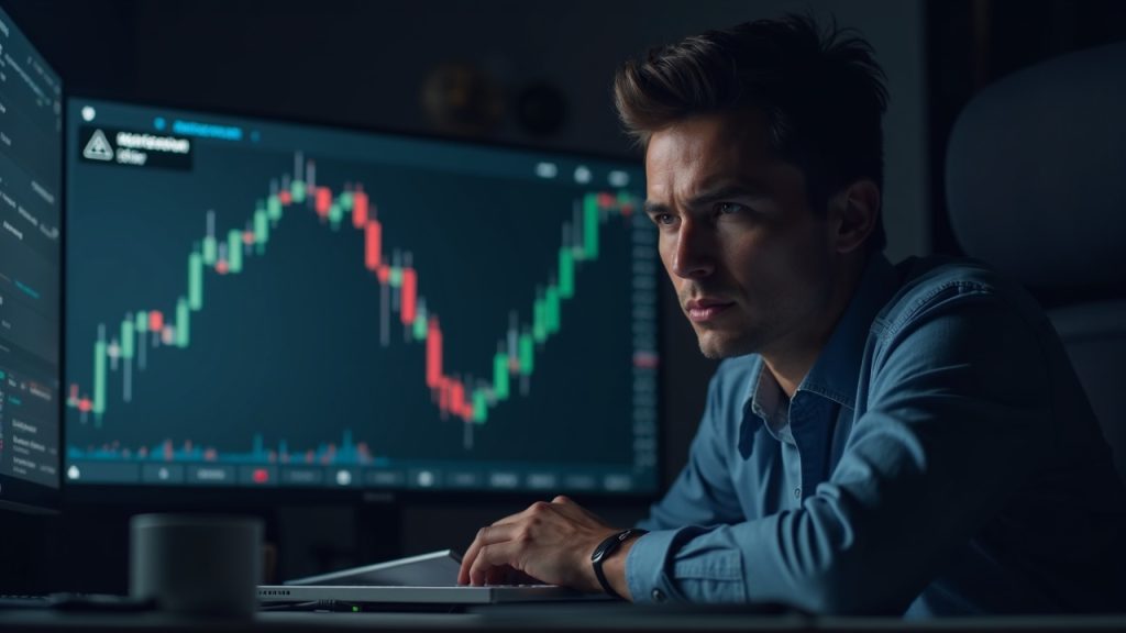 Serious crypto analyst at a desk with a falling Bitcoin chart and a subtle payout error alert in the background.
