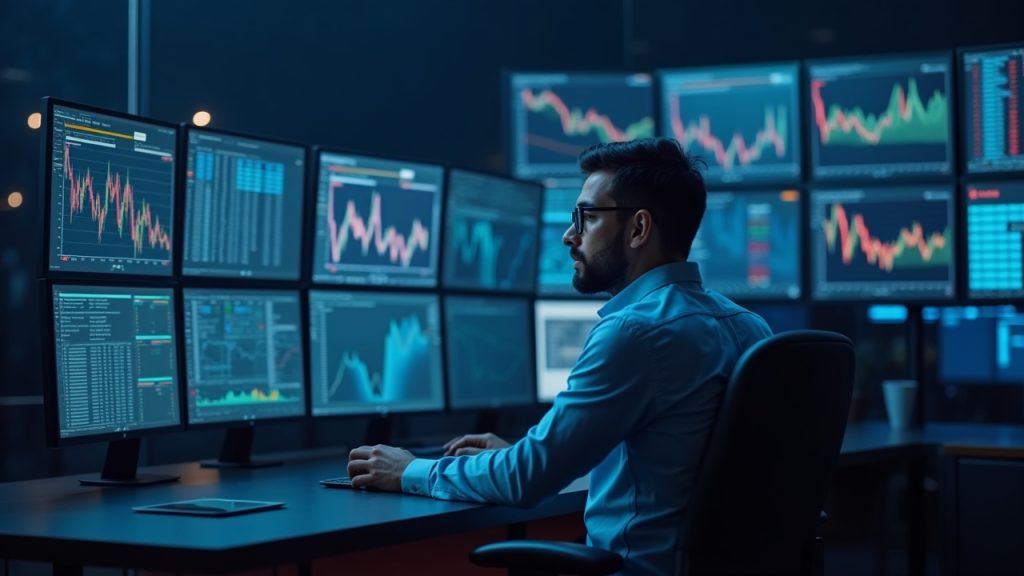 Editorial portrait of a corporate analyst in a newsroom with monitors showing 4.37M ETH and a falling BMNR chart.