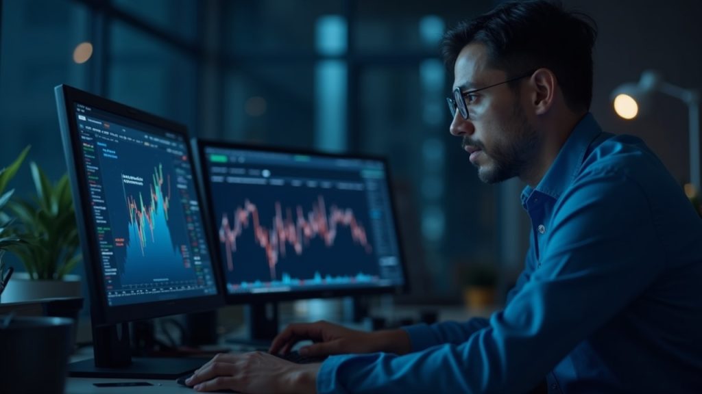 Finance professional at a desk with two monitors showing Bloomberg data and a Canton Network onchain ledger for tokenized markets.