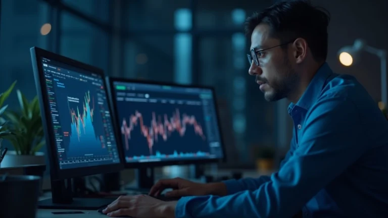 Finance professional at a desk with two monitors showing Bloomberg data and a Canton Network onchain ledger for tokenized markets.