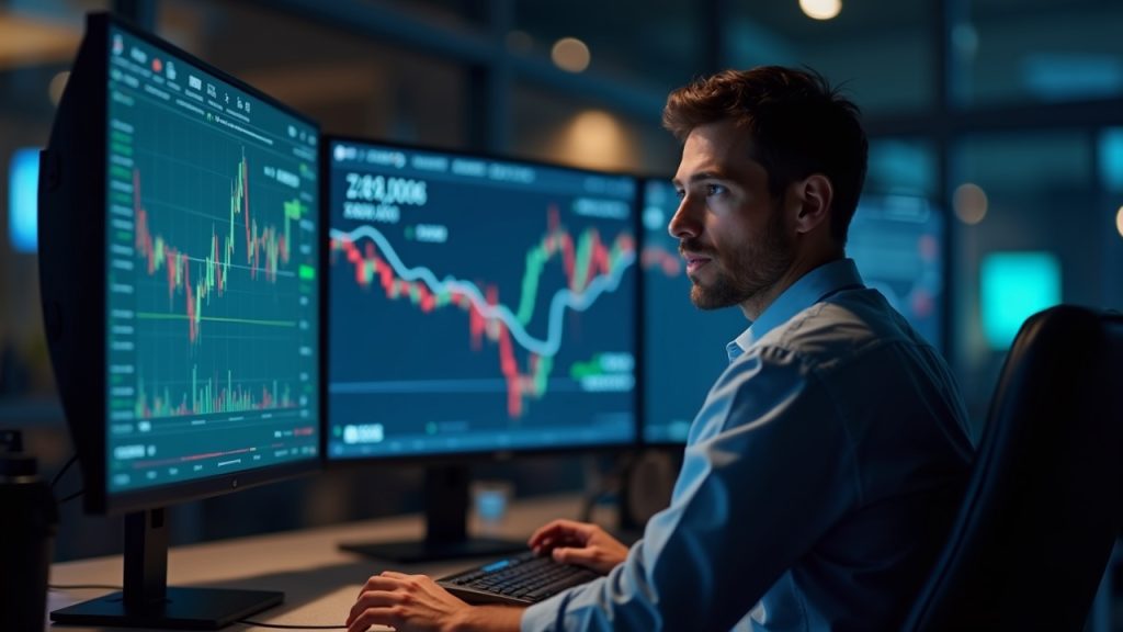 Professional trader at a newsroom desk monitoring BTC near 60k with ETF flow data on a monitor.