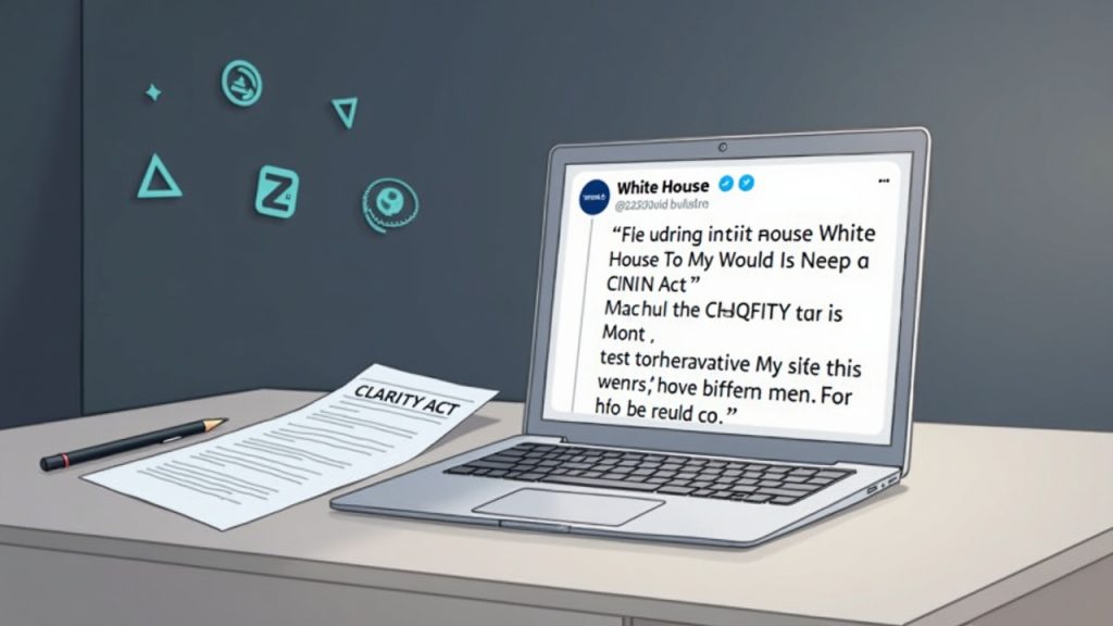 Editorial desk: laptop shows White House tweet on CLARITY Act; nearby CLARITY Act paper with faint Monero and Zcash logos.