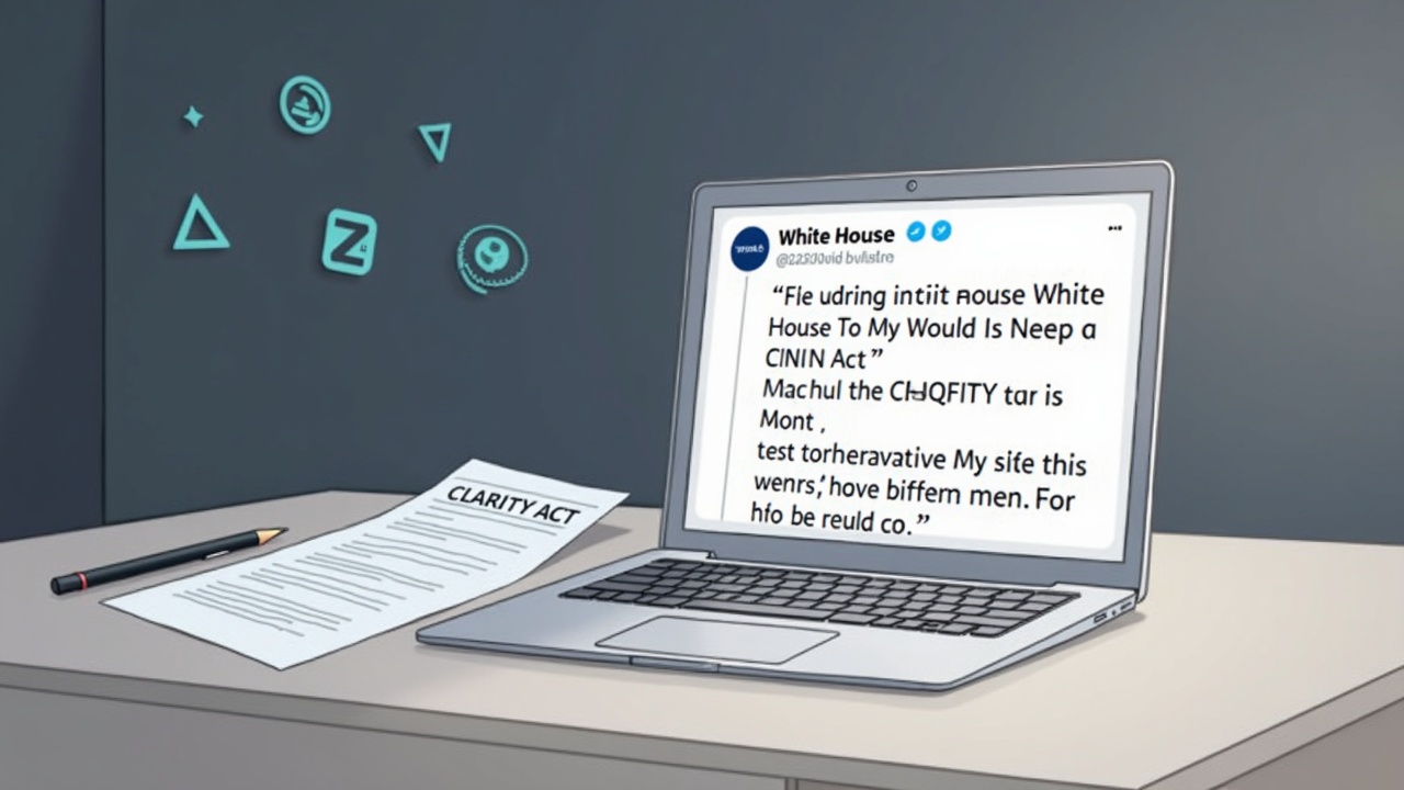 Editorial desk: laptop shows White House tweet on CLARITY Act; nearby CLARITY Act paper with faint Monero and Zcash logos.