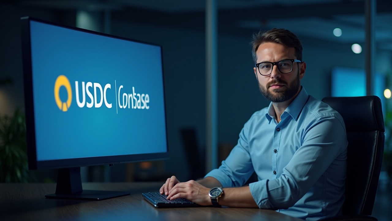 Serious newsroom analyst beside monitor displaying USDC and Coinbase branding, symbolizing rising on-chain payments.