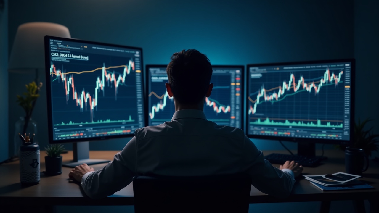 Market analyst at a desk with multiple monitors showing Ethereum charts and tariff headlines, signaling crypto resilience.