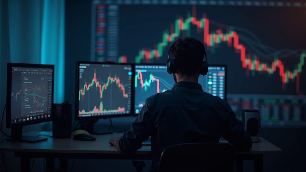 Crypto trader at a desk with BTC and ETH price charts showing a downward trend.