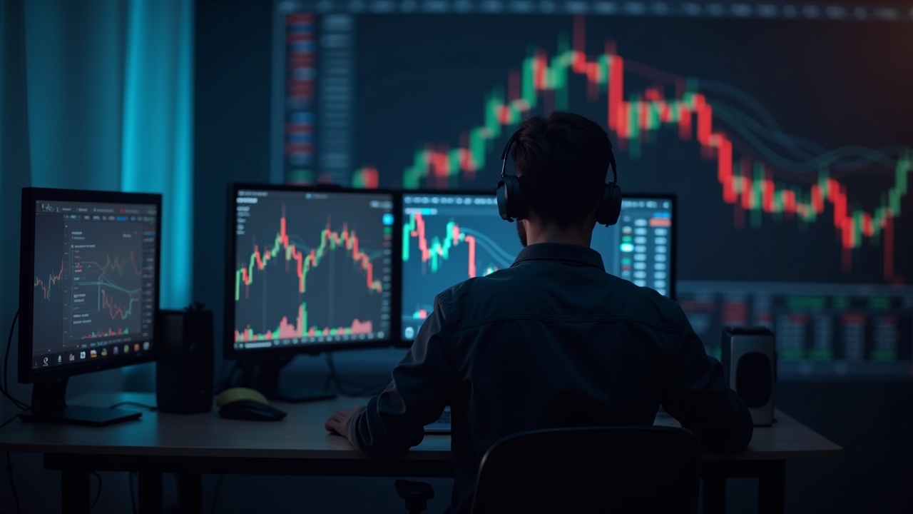 Crypto trader at a desk with BTC and ETH price charts showing a downward trend.