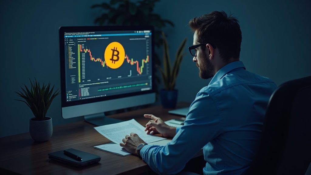 Sober financial analyst at desk with Bitcoin logo on monitor and a report on US spot ETF outflows.