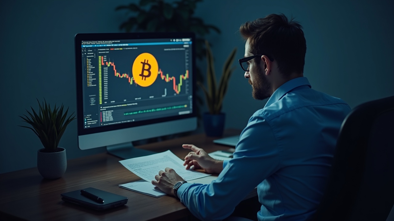Sober financial analyst at desk with Bitcoin logo on monitor and a report on US spot ETF outflows.