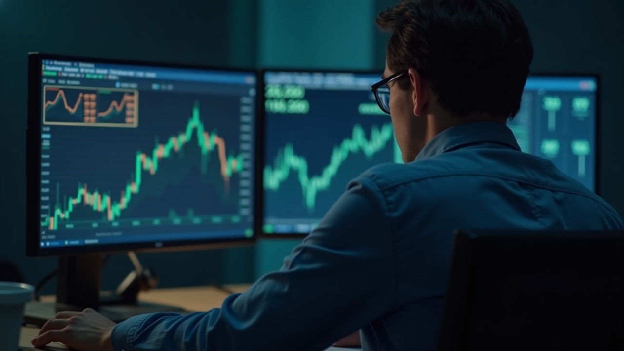 Editorial portrait of a focused market analyst at a desk with two monitors showing Bitcoin and Nasdaq divergence