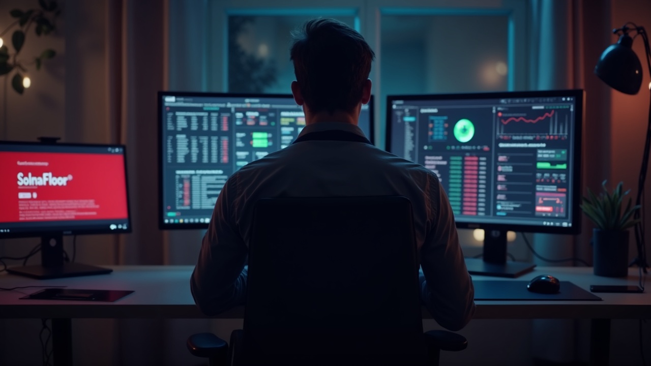 Editorial portrait of a crypto analyst in a newsroom with monitors showing red alerts for Step Finance, SolanaFloor and Remora.