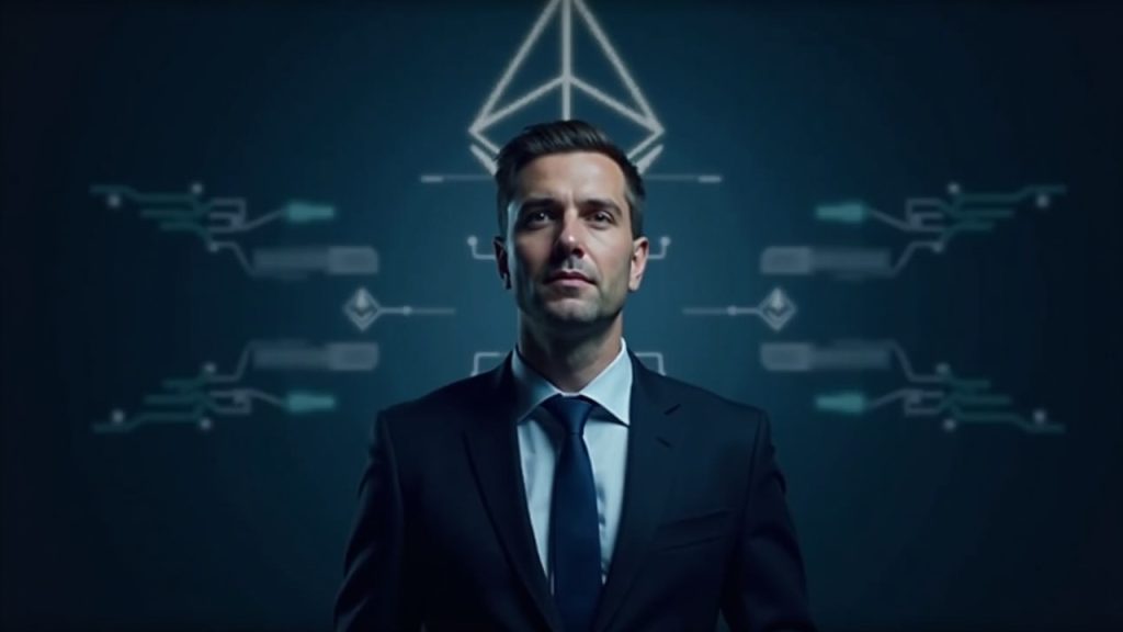 Editorial portrait of a suited tech leader with Ethereum glow and four-quadrant AI blueprint overlay.