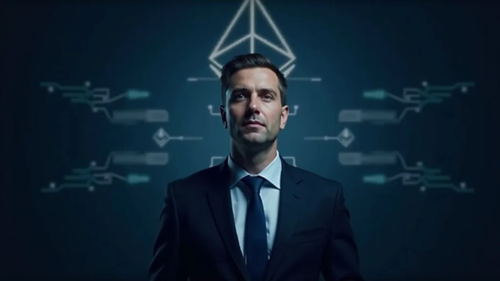 Editorial portrait of a suited tech leader with Ethereum glow and four-quadrant AI blueprint overlay.