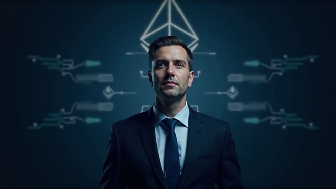 Editorial portrait of a suited tech leader with Ethereum glow and four-quadrant AI blueprint overlay.