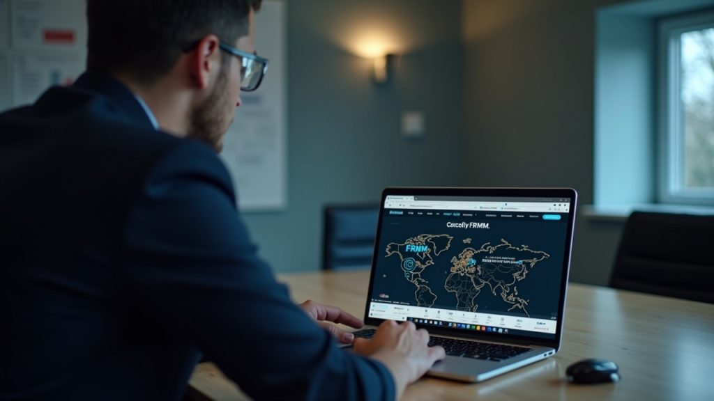 Editorial shot of a corporate executive in a boardroom, laptop shows FRMM ticker and a diagram of tokenized assets.