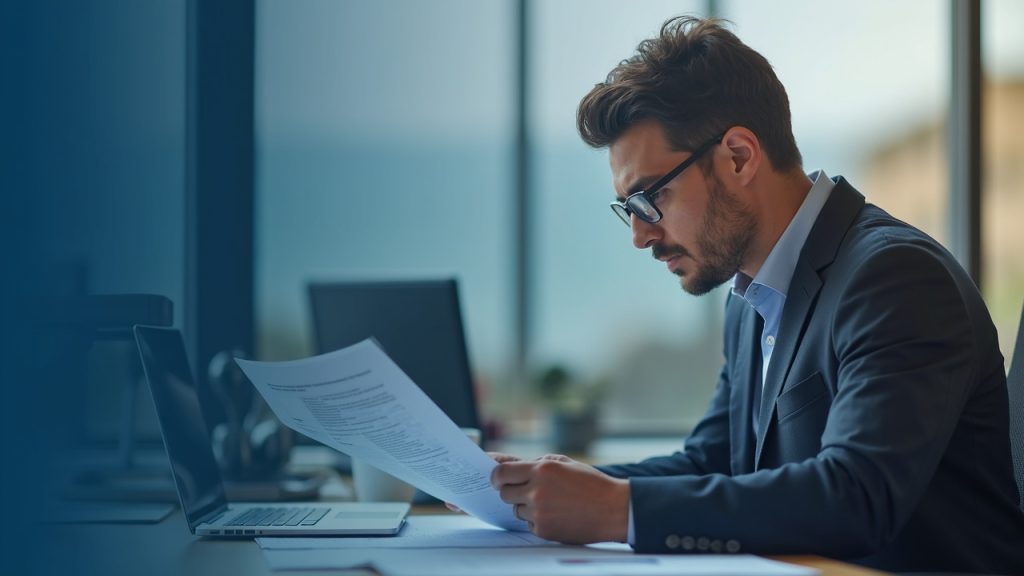 Compliance analyst reviews PSD2 license documents in an editorial office, with EU and Maltese imagery in the background.
