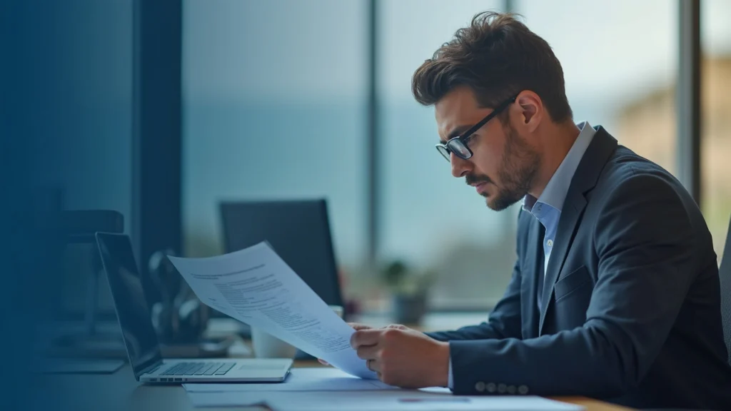 Compliance analyst reviews PSD2 license documents in an editorial office, with EU and Maltese imagery in the background.