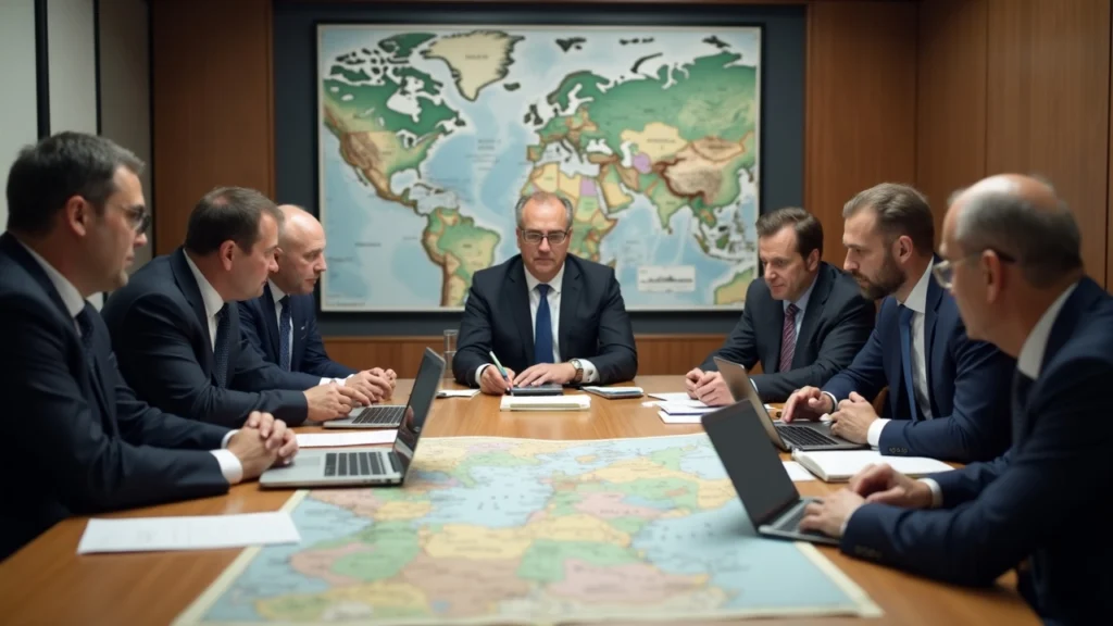 Editorial boardroom scene with officials and laptops discussing a US dollar–pegged stablecoin for Gaza reconstruction.