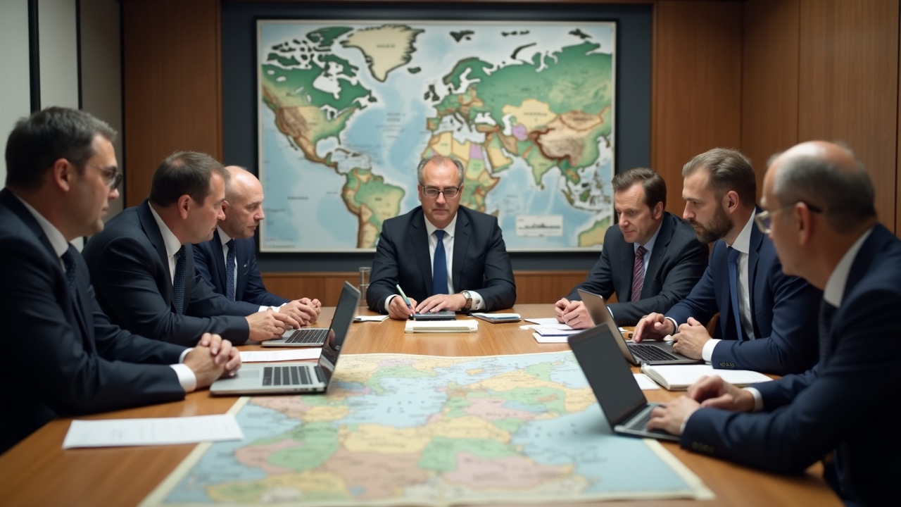 Editorial boardroom scene with officials and laptops discussing a US dollar–pegged stablecoin for Gaza reconstruction.
