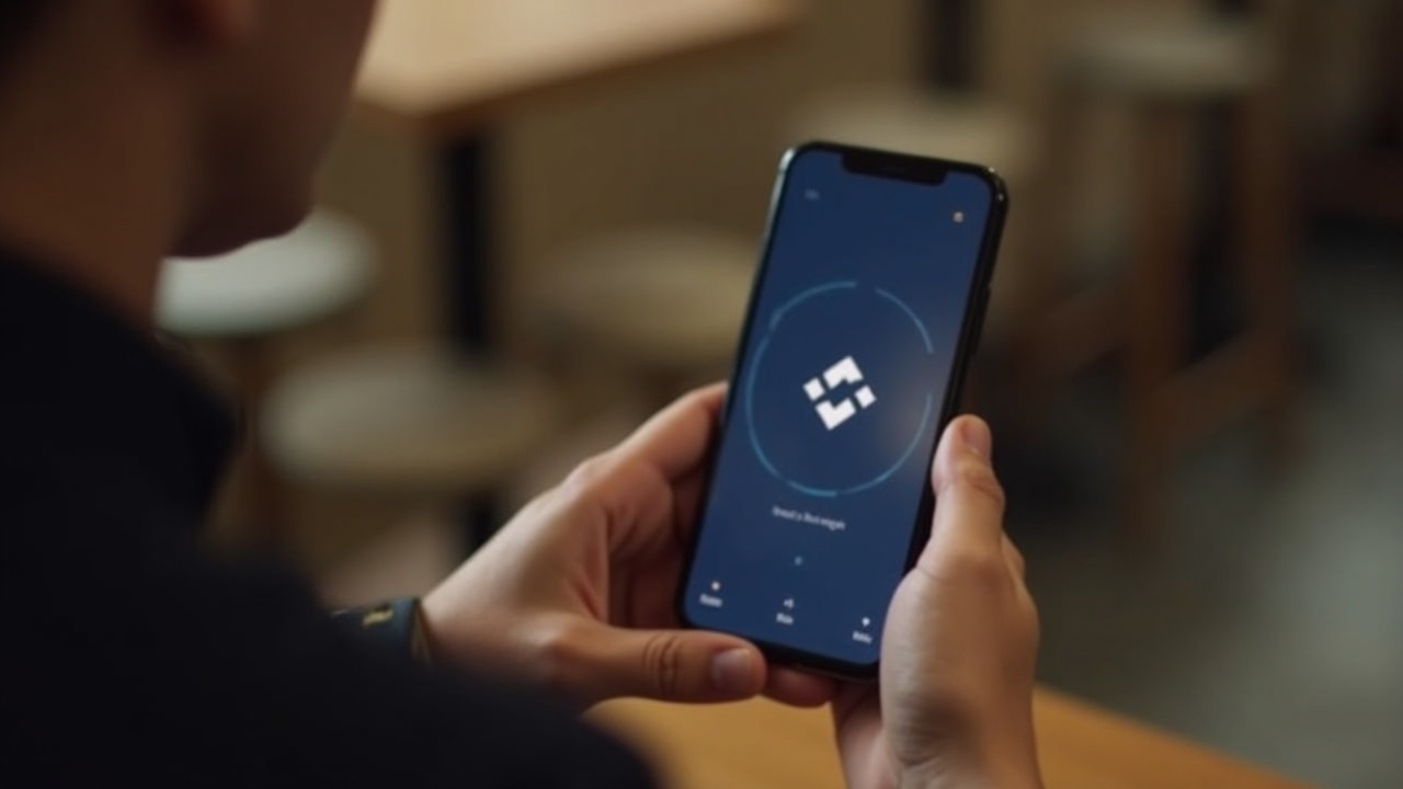 Gen Z individual paying with a crypto wallet app on a smartphone at a cafe; screen shows a cryptocurrency logo.