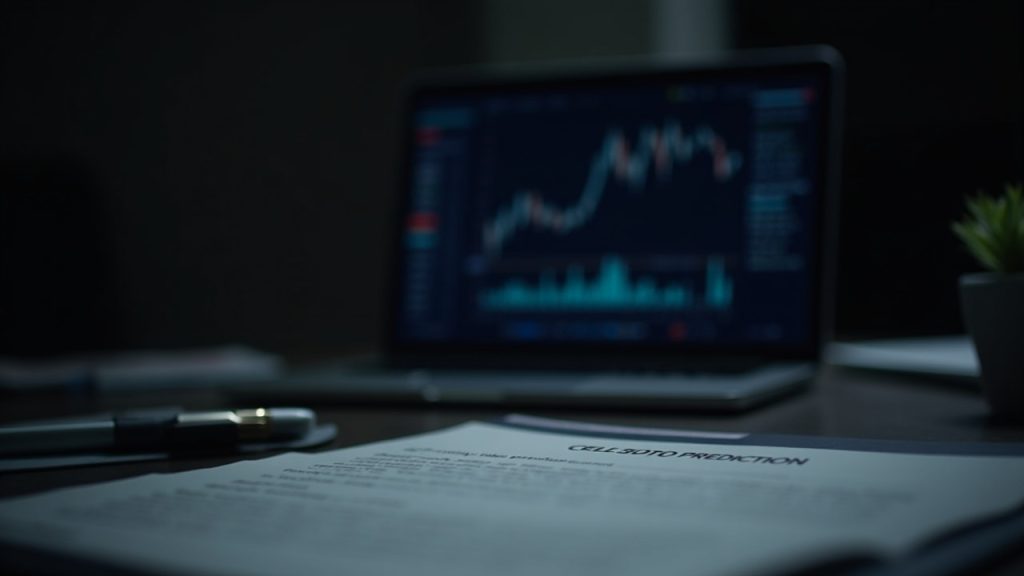Editorial desk setup with laptop displaying a crypto prediction market, a classified document in the foreground, soft newsroom lighting.