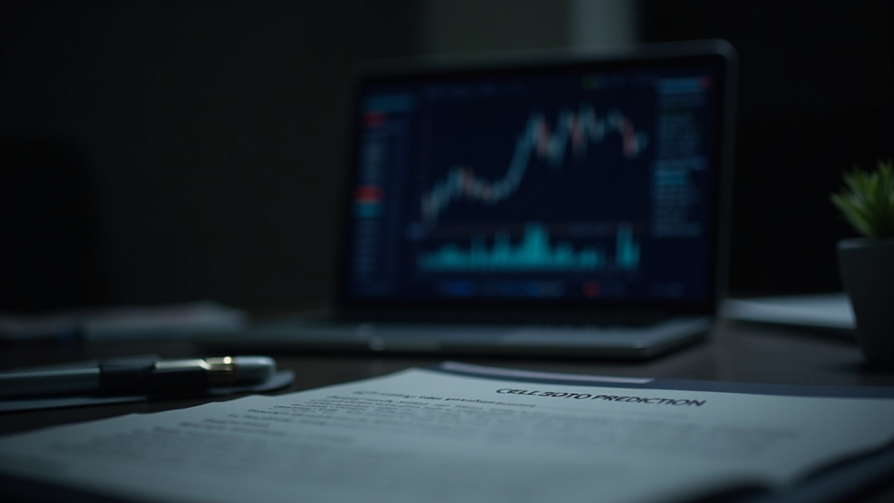 Editorial desk setup with laptop displaying a crypto prediction market, a classified document in the foreground, soft newsroom lighting.