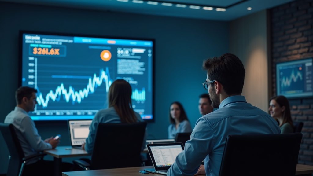 Analyst in a boardroom reviews MicroStrategy stock and Bitcoin decline on screen, with NPS documents signaling crypto exposure.