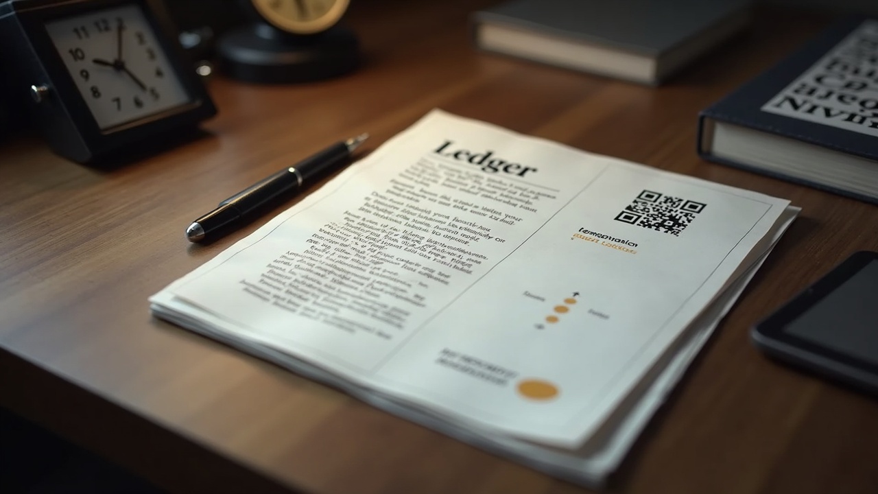 Editorial desk scene with a phishing letter impersonating Ledger and Trezor branding, a QR code, and seed phrase hint.