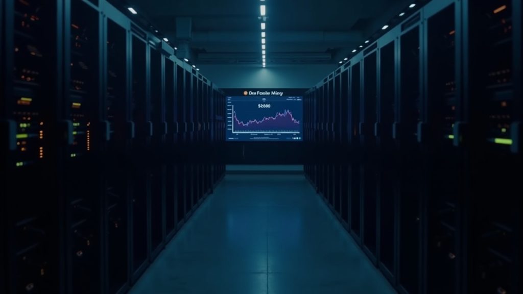 Editorial photo of a dim bitcoin mining data center with rows of rigs and a monitor showing BTC price decline