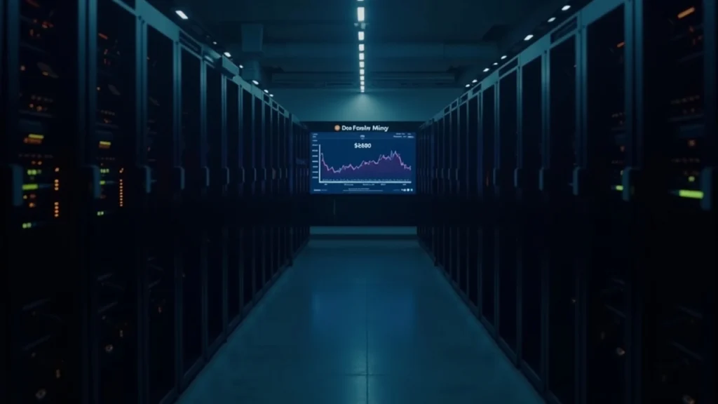 Editorial photo of a dim bitcoin mining data center with rows of rigs and a monitor showing BTC price decline