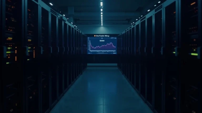 Editorial photo of a dim bitcoin mining data center with rows of rigs and a monitor showing BTC price decline