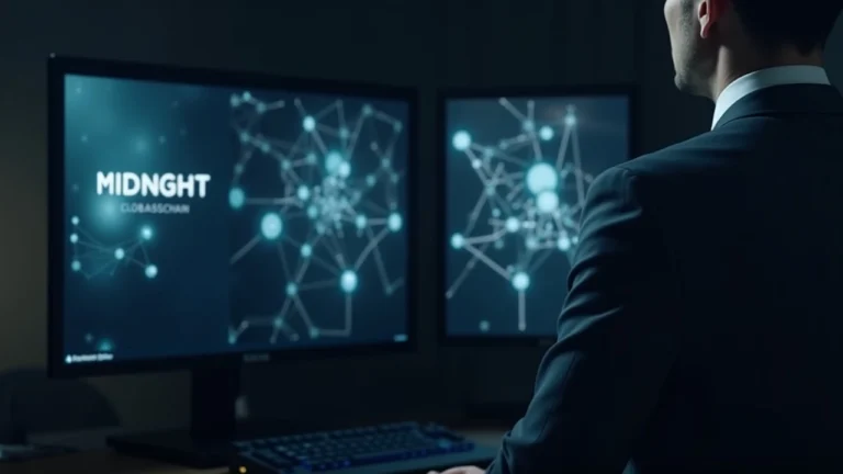 Editorial portrait of a suited professional in a newsroom with a monitor showing cryptographic visuals and Midnight.