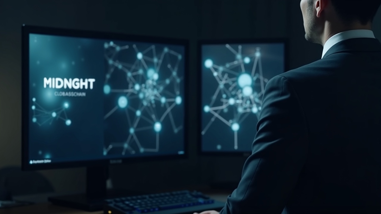 Editorial portrait of a suited professional in a newsroom with a monitor showing cryptographic visuals and Midnight.