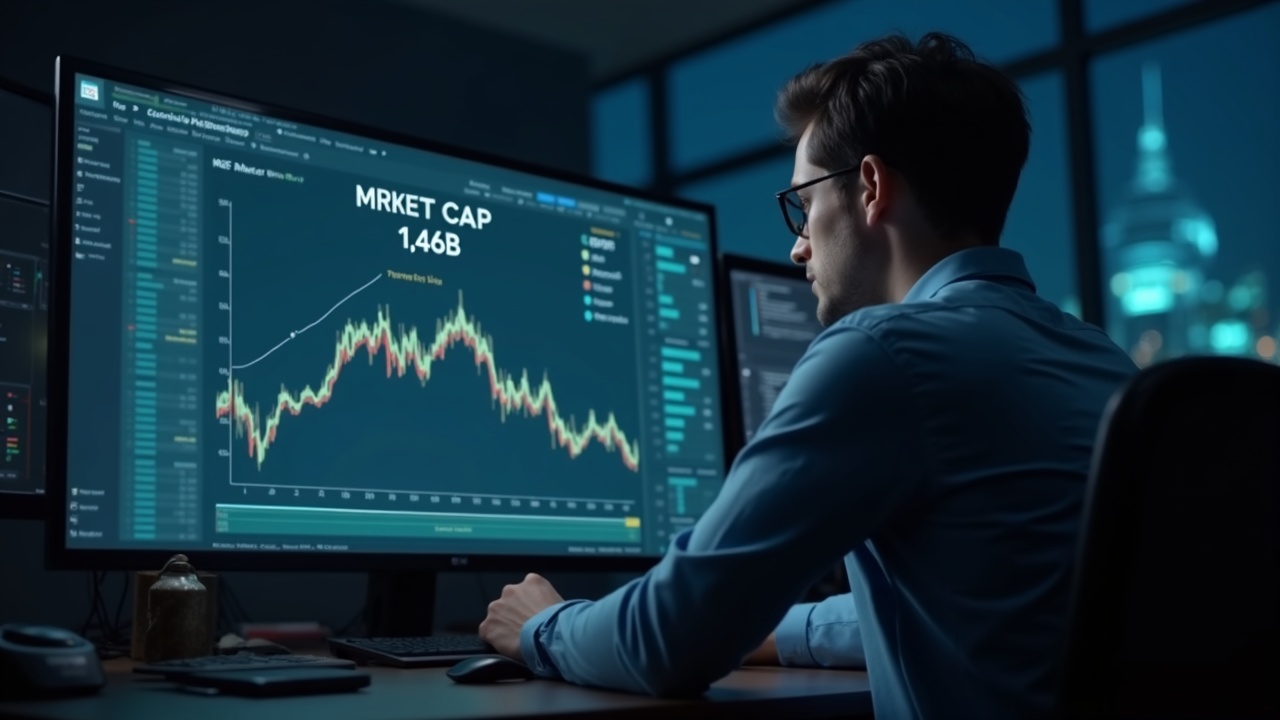 Editorial portrait of a financial analyst at a newsroom reviewing NFT market cap around $1.46B with downward trend.