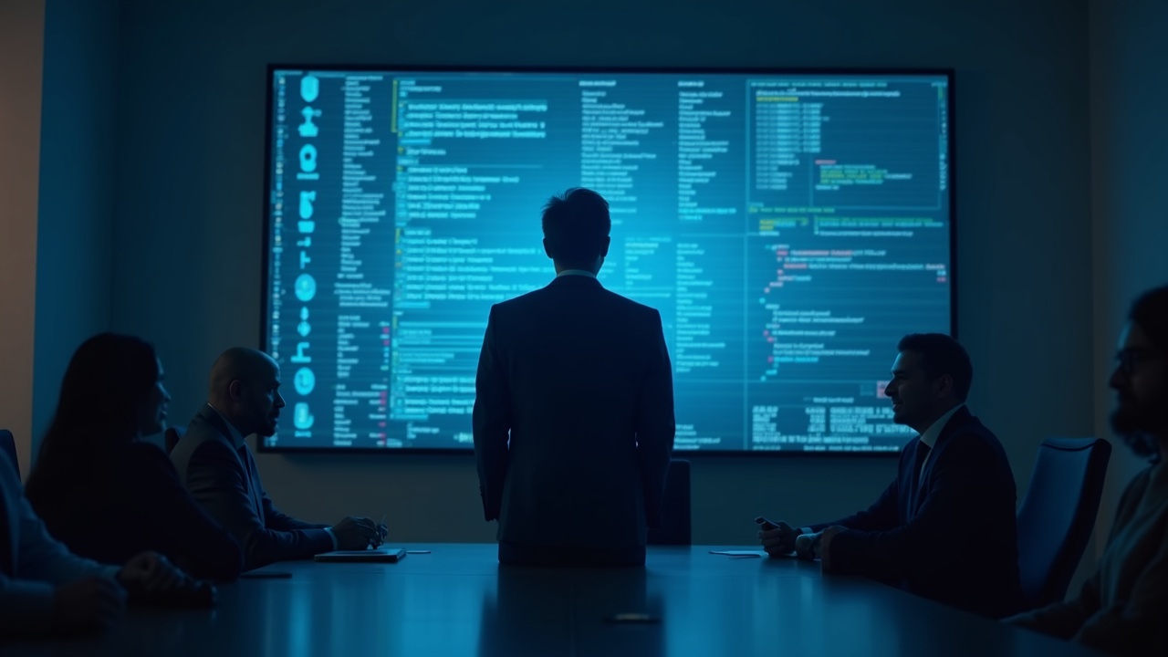 Editorial boardroom image with a large screen showing blockchain ledger and payroll data, highlighting on-chain privacy concerns.