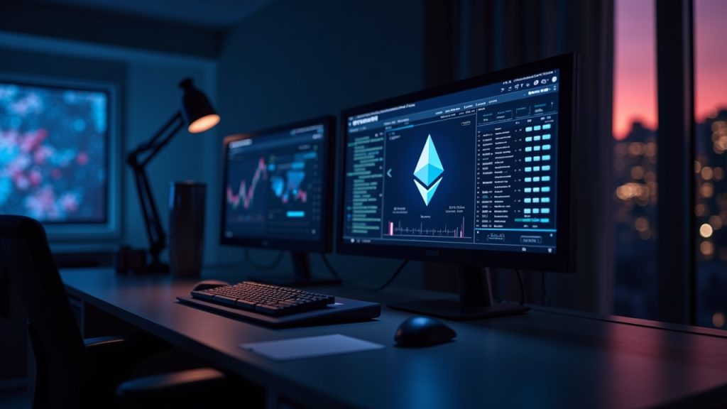 Newsroom desk with a large screen showing Polygon ahead of Ethereum in daily fees, hinting at Polymarket Oscar bets.