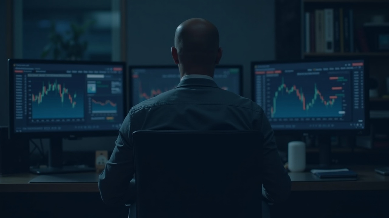 Financial analyst at a desk with three monitors displaying rising charts and prediction-market data in a calm newsroom.