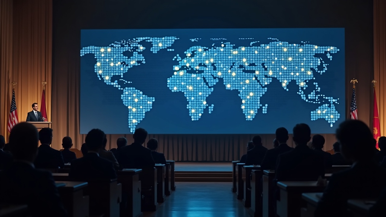 Editorial photo of a government forum: podium speaker, crypto icons on a screen, world map, referencing $129B in crypto flows.
