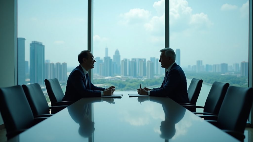 Two executives sign a major stake in a glass-walled meeting room, MAS license visible, Singapore skyline in the background.