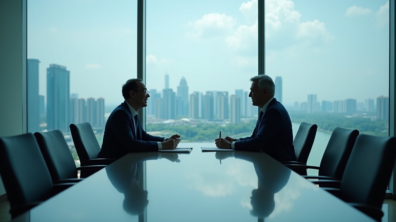 Two executives sign a major stake in a glass-walled meeting room, MAS license visible, Singapore skyline in the background.