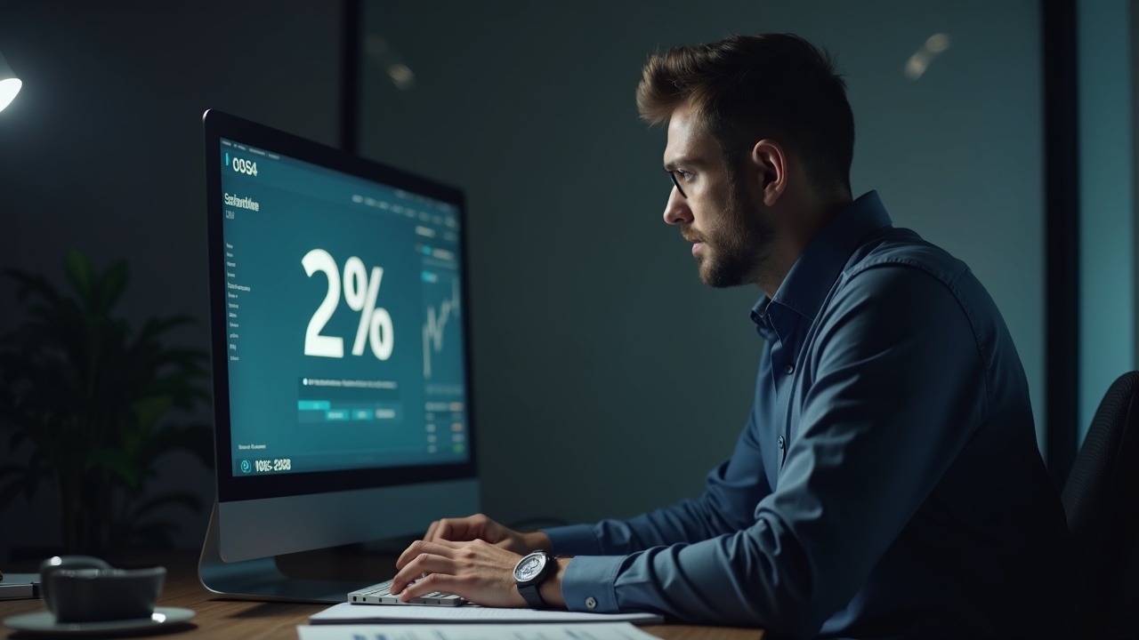 Editorial portrait of a financial professional at a broker-dealer desk, with a monitor showing 2% haircut and stablecoins